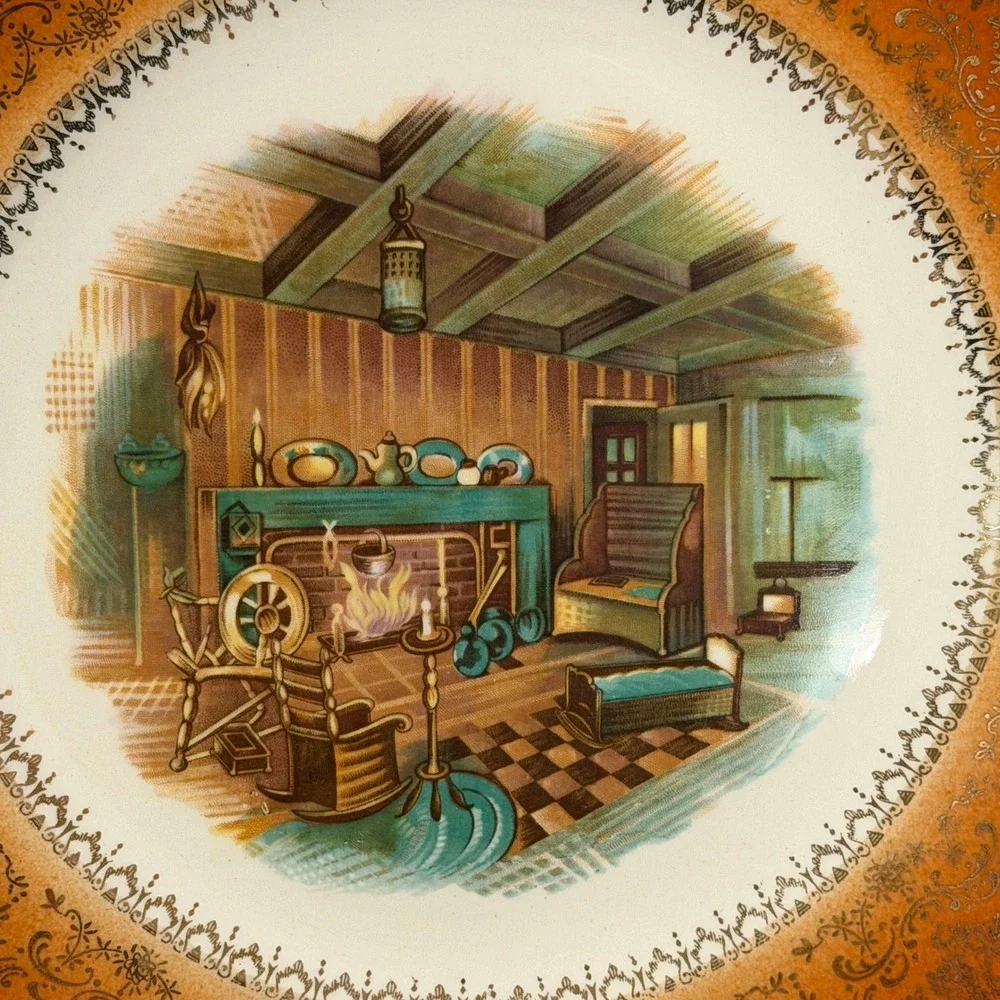 Vintage Salem China Plate 23K Gold Colonial Fireplace Scene Farmhouse Wall Decor